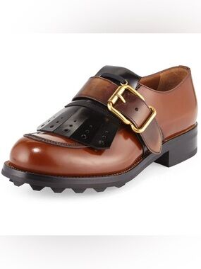 Prada Kiltie Fringe Leather derby Shoes 11 brown leather buckle Oxford Italy